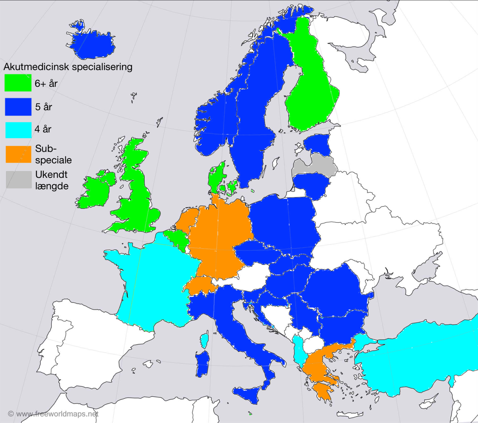 Oversigt over akutmedicinske specialer i Europa. Kilde: https://eusem.org/images/EM_primary_specialty_status_in_EU_2018.pdf